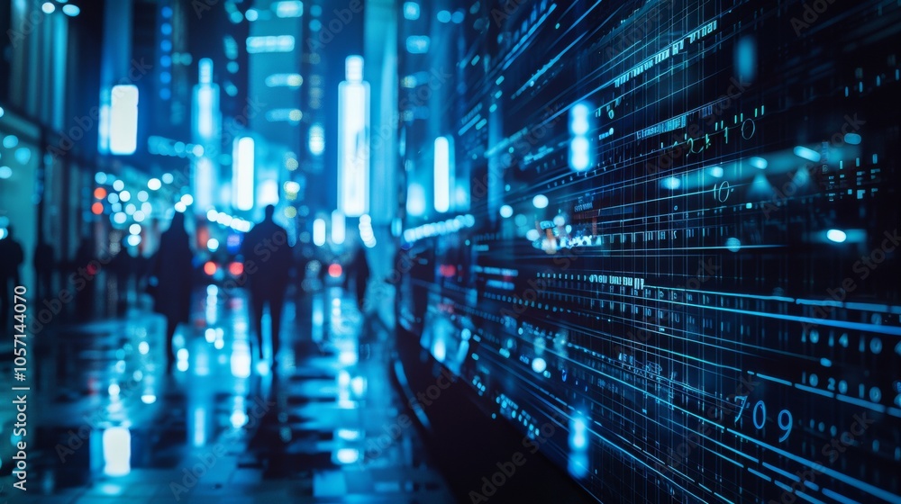 Digital data and graphics overlaid on a cityscape at night Digital data and graphics overlaid on a cityscape at night