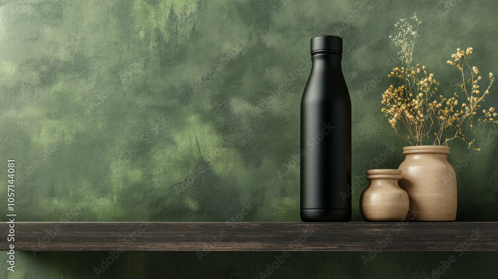 mockup of black tumbler drinking bottle on wooden shelf, pastel green wall background, Ai generated images mockup of black tumbler drinking bottle on wooden shelf, pastel green wall background, Ai generated images