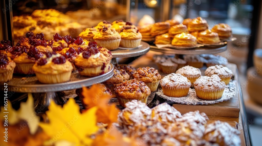 A vibrant display of assorted pastries and muffins, featuring toppings like fruits and cream, set against an inviting autumn backdrop. A vibrant display of assorted pastries and muffins, featuring toppings like fruits and cream, set against an inviting autumn backdrop.