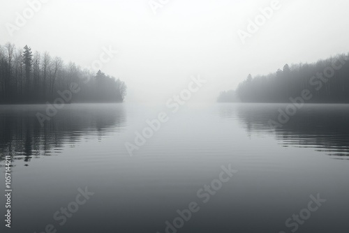 A Foggy Lake Surrounded by Silhouetted Trees