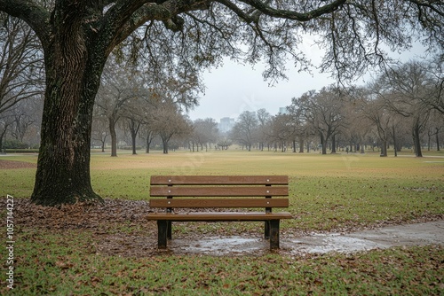 A Wooden Bench Underneath a Tree in a Park with a View of a City in the Distance