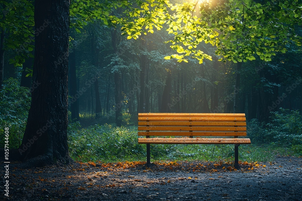 A lone wooden bench in a forest with morning sunlight filtering through the trees A lone wooden bench in a forest with morning sunlight filtering through the trees
