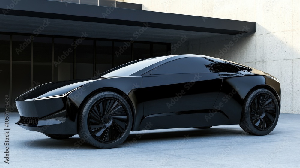 A sleek, futuristic black car with a streamlined design, showcased against a modern architectural backdrop. A sleek, futuristic black car with a streamlined design, showcased against a modern architectural backdrop.