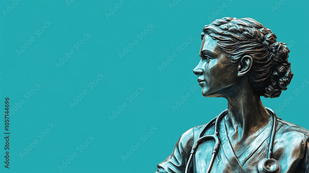 Obraz premium A dynamic statue of a nurse with a stethoscope and a caring expression, set against a vibrant teal background.