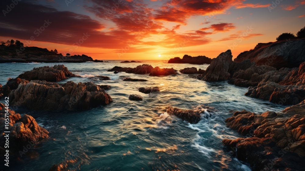 A stunning sunset over rocky coastal waters, showcasing vibrant colors and serene beauty. A stunning sunset over rocky coastal waters, showcasing vibrant colors and serene beauty.