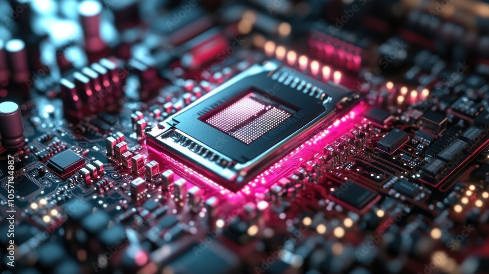 Close-up of a computer circuit board with glowing components. Close-up of a computer circuit board with glowing components.