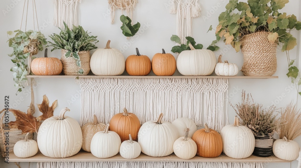 A cozy display featuring various pumpkins and greenery, arranged on shelves with macramé accents, creating a warm autumn atmosphere. A cozy display featuring various pumpkins and greenery, arranged on shelves with macramé accents, creating a warm autumn atmosphere.