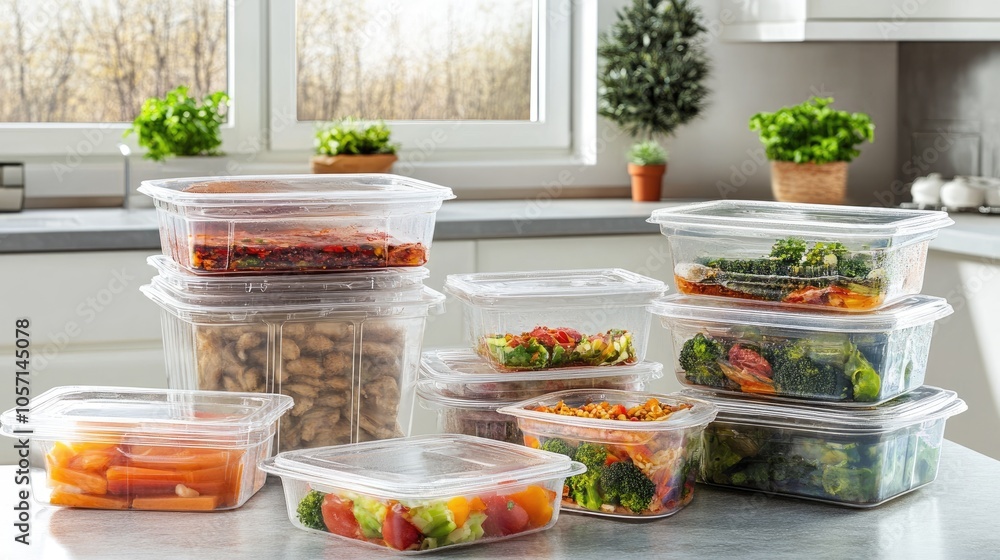 Fresh Meal Prep Containers in Bright Kitchen Setting Fresh Meal Prep Containers in Bright Kitchen Setting