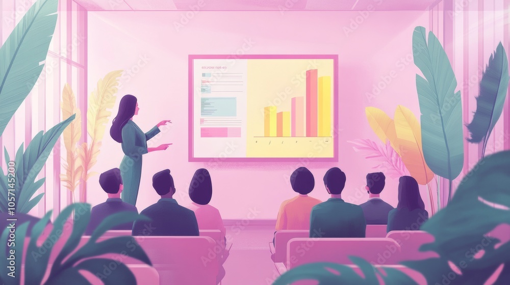 Vector illustration of a business presentation: A woman introduces analytical visuals in a refined workspace, with pastel tones and minimalist decor fostering a calm environment
Vector illustration of a business presentation: A woman introduces analytical visuals in a refined workspace, with pastel tones and minimalist decor fostering a calm environment