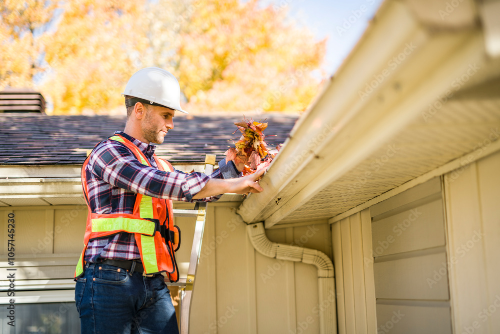 Obraz premium man with hard hat standing on steps inspecting house roof
