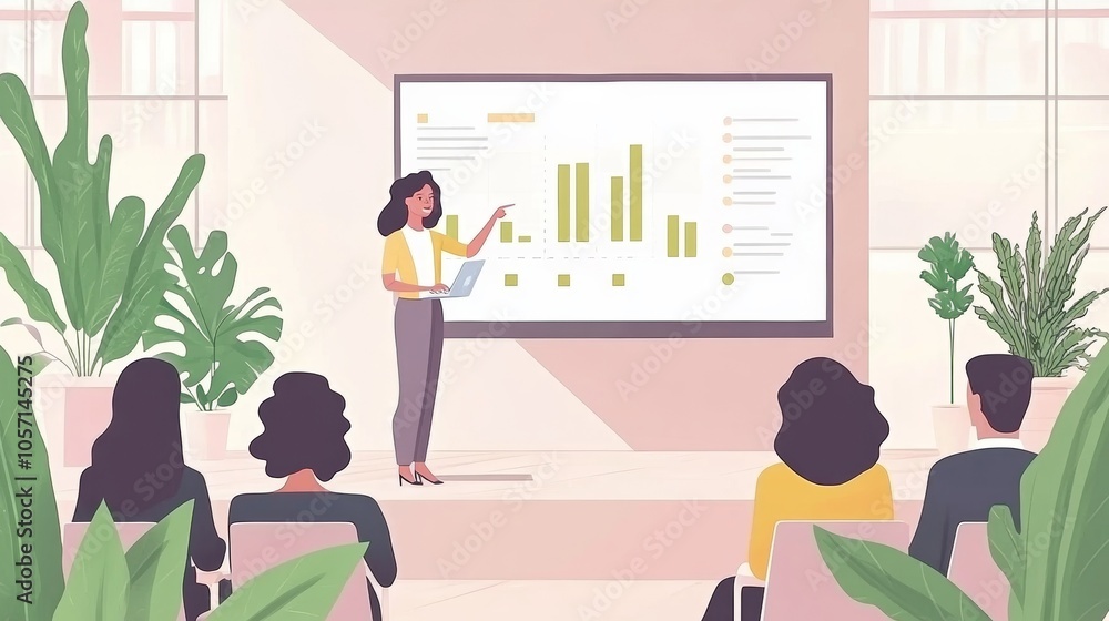 Vector illustration of a business presentation: A woman introduces analytical visuals in a refined workspace, with pastel tones and minimalist decor fostering a calm environment
Vector illustration of a business presentation: A woman introduces analytical visuals in a refined workspace, with pastel tones and minimalist decor fostering a calm environment
