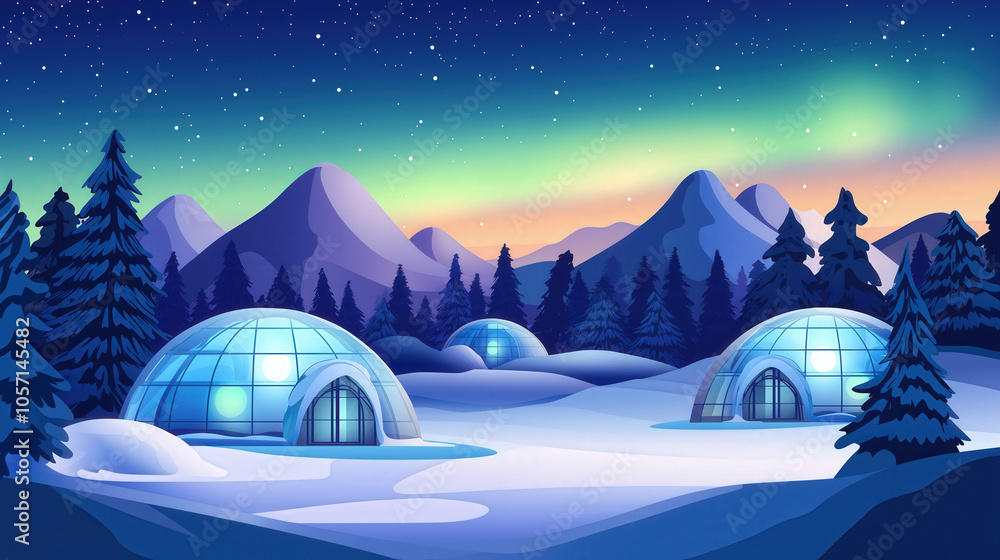 Fototapeta premium Glass igloos, arctic resort, magnificent aurora, snowy mountains, perfect winter travel destination, minimalist flat illustration, vector art, travel poster, ultra-high resolution.