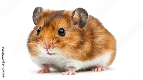 Adorable small hamster sitting alone against a white background Close up view