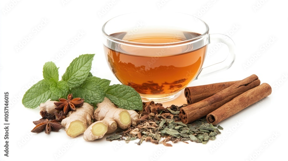 Appetite suppressing tea featuring mint ginger and cinnamon against a white backdrop with ample copy space Appetite suppressing tea featuring mint ginger and cinnamon against a white backdrop with ample copy space