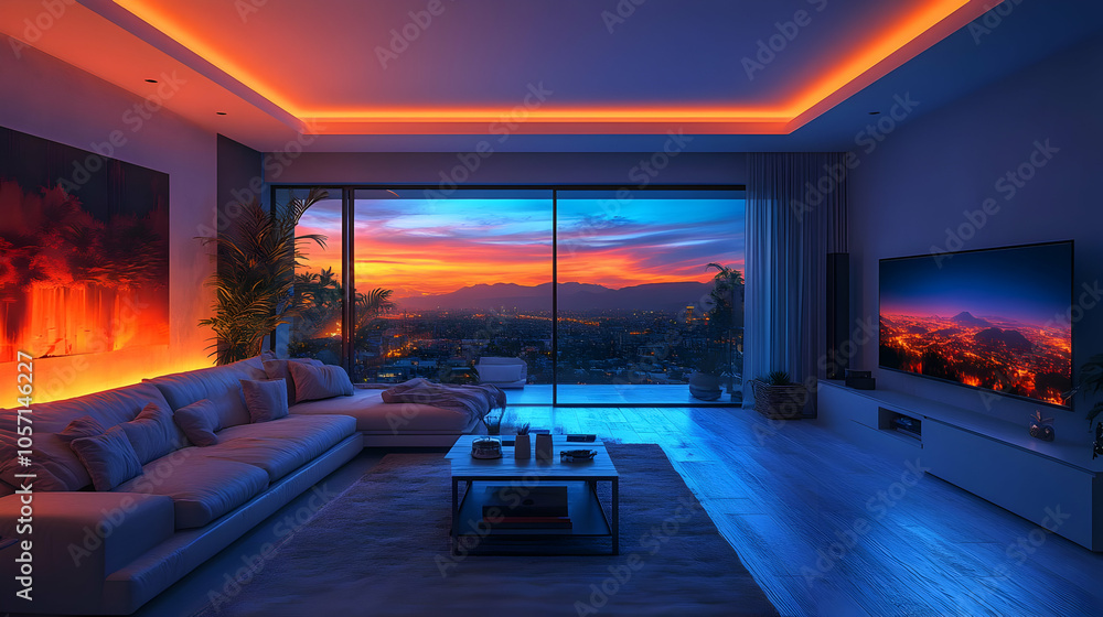 Modern Living Room Interior Design with Sunset View 3D Illustration Modern Living Room Interior Design with Sunset View 3D Illustration