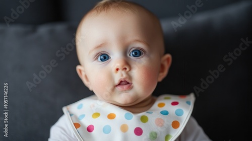 Adorable Blue Eyed Infant Wearing a Bib with Polka Dots