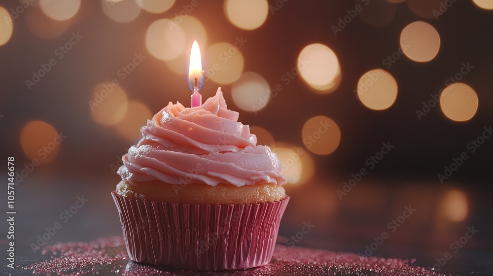 A pink frosted cupcake with a lit candle in front of a shimmering bokeh background symbolizing a festive occasion A pink frosted cupcake with a lit candle in front of a shimmering bokeh background symbolizing a festive occasion