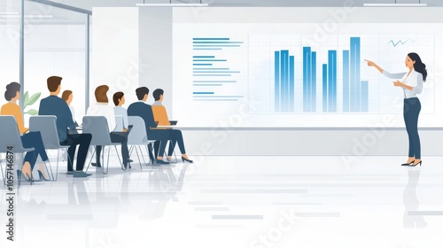 Vector illustration of a business presentation in a sleek, white-toned office, featuring a leader showcasing key analytics and performance data on a screen to a focused team
