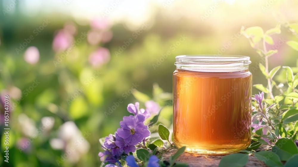 Alfalfa honey jar displayed with alfalfa flowers against a softly blurred background of flowers and plants in a natural setting Alfalfa honey jar displayed with alfalfa flowers against a softly blurred background of flowers and plants in a natural setting