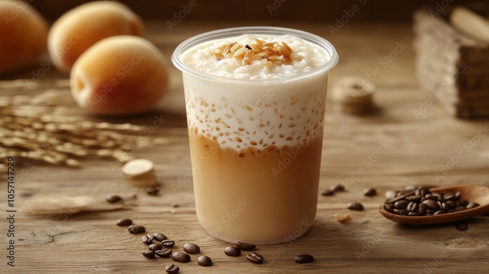 A cup of coffee with a spoon and some coffee beans on a wooden table A cup of coffee with a spoon and some coffee beans on a wooden table