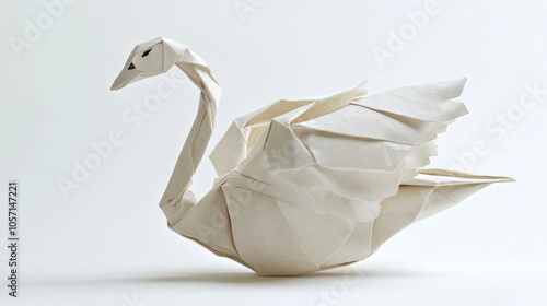 An intricate origami swan displays detailed folds and a calm stance gracefully positioned against a clean white background photo