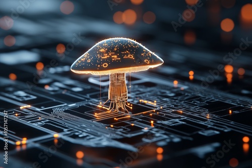 A luminous futuristic mushroom figure on a circuit board, representing the interconnectedness of biological shapes and advanced technological innovation.