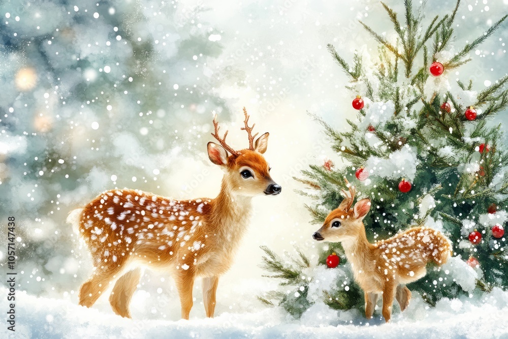 Naklejka premium Background a bright winter glistening snow day, place front and center glistening snow. Christmas greens. . Christmas tree and deers.