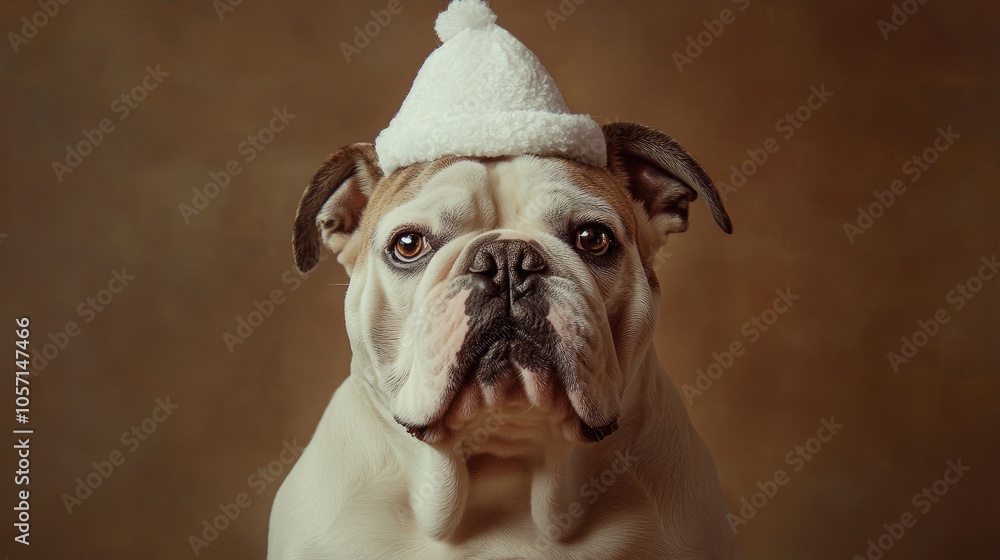 Adorable portrait of a Bulldog wearing a white party hat against a brown backdrop Adorable portrait of a Bulldog wearing a white party hat against a brown backdrop
