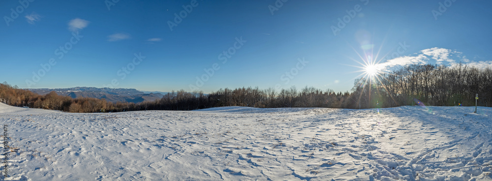 composizione panoramica con vista su un ampio campo innevato sulla cima di una collina in Slovenia, circondato da alberi spogli, con lo sguardo che si estende verso montagne lontane, in inverno