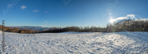 Obraz na płótnie composizione panoramica con vista su un ampio campo innevato sulla cima di una collina in Slovenia, circondato da alberi spogli, con lo sguardo che si estende verso montagne lontane, in inverno w salonie