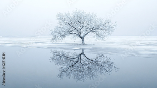 Solitary Frost-Covered Tree Reflecting in a Calm Winter Lake