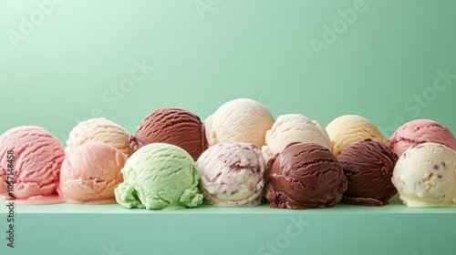 A lively arrangement of assorted ice cream scoops set against a mint green backdrop ideal for summer desserts and treats