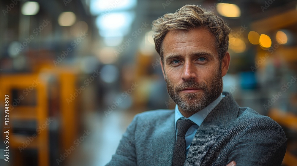 Obraz premium A man wearing a suit and tie is standing in a warehouse