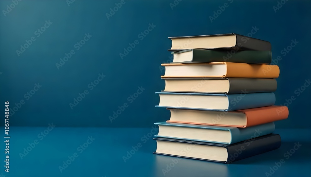 A stack pile of education books on a dark blue background with copy space A stack pile of education books on a dark blue background with copy space