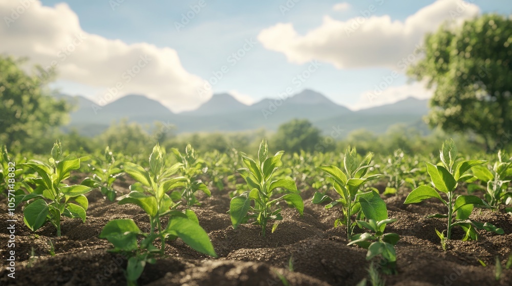 A charming rural scene showcases a line of young Withania plants flourishing in a field highlighting their distinct dicotyledonous traits A charming rural scene showcases a line of young Withania plants flourishing in a field highlighting their distinct dicotyledonous traits