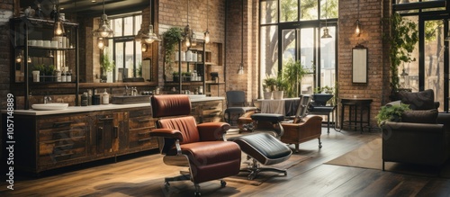 A stylish barber shop interior with comfortable seating and natural lighting.