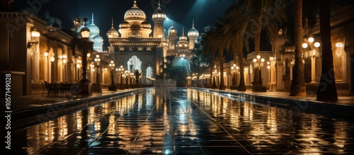 Nighttime scene of a grand palace illuminated by lights, reflecting in a waterway.