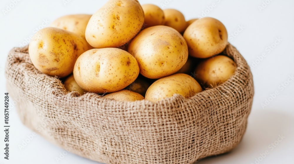 A bag of potatoes placed against a clean white backdrop A bag of potatoes placed against a clean white backdrop
