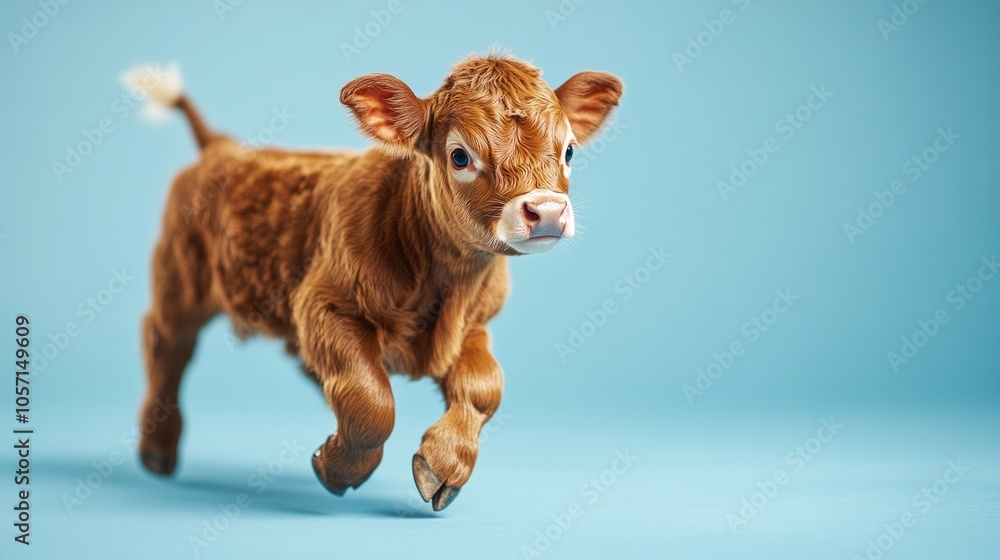 A baby cow is running on a blue background