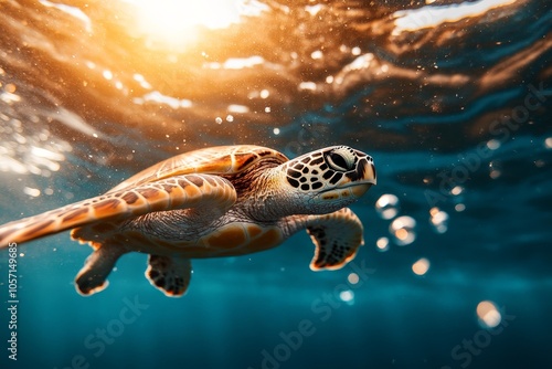 A stunning underwater view shows a sea turtle gracefully swimming through the ocean, illuminated by the warm sunlight, creating a serene aquatic scene. photo