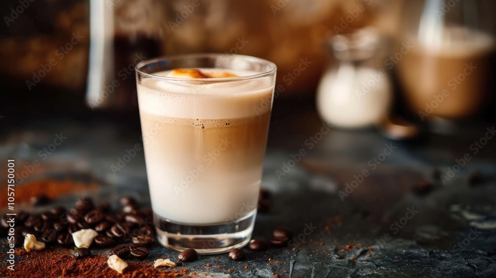 Spanish latte with espresso, milk, and condensed milk in a heatproof glass. Spanish latte with espresso, milk, and condensed milk in a heatproof glass.