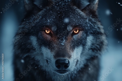 An imposing wolf with striking orange eyes stares intensely, captured amidst a snowy background, embodying primal energy and untamed wilderness in nature photography. photo