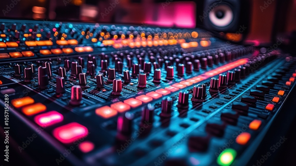 A close-up of a colorful audio mixing console with knobs and lights. A close-up of a colorful audio mixing console with knobs and lights.
