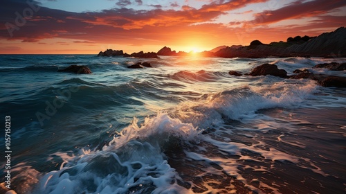 A serene sunset over the ocean, with waves gently crashing on the shore and rocky formations.