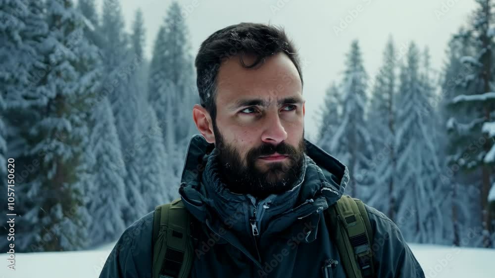 Serious Caucasian male hiker in a winter mountain forest. Extreme tests in winter forest conditions. The hiker confronts fierce winds and heavy snowfall in the mountain forest. Serious Caucasian male hiker in a winter mountain forest. Extreme tests in winter forest conditions. The hiker confronts fierce winds and heavy snowfall in the mountain forest.