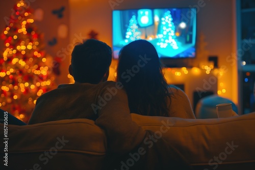 Family enjoying holiday movie night in a bright living room