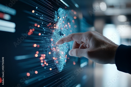 A hand points at a bright digital map with numerous illuminated nodes, suggesting data exploration, digital connectivity, and technological advancement.