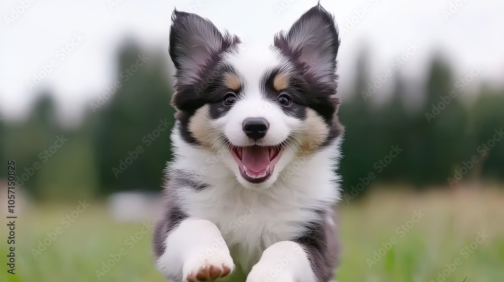 Happy Border Collie Puppy Running on Green Grass Happy Border Collie Puppy Running on Green Grass