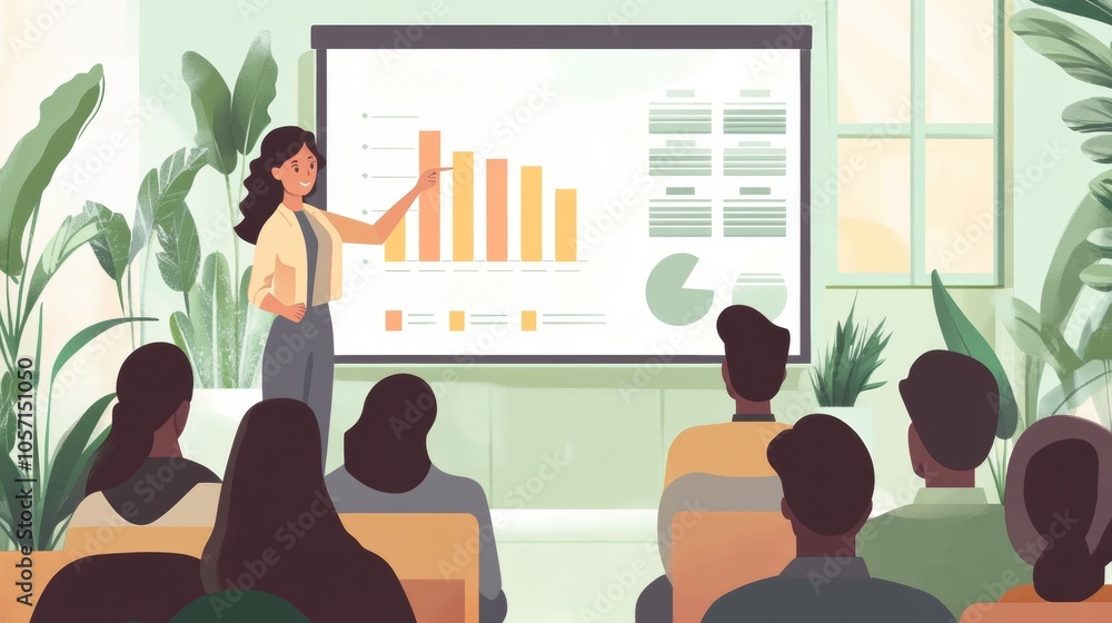 Vector illustration of a business presentation: a speaker showcases data metrics in a refined office space, designed with subtle pastel shades and a clean layout
Vector illustration of a business presentation: a speaker showcases data metrics in a refined office space, designed with subtle pastel shades and a clean layout