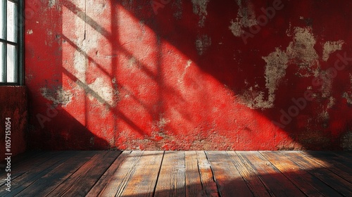 A room with a red wall and wooden floor